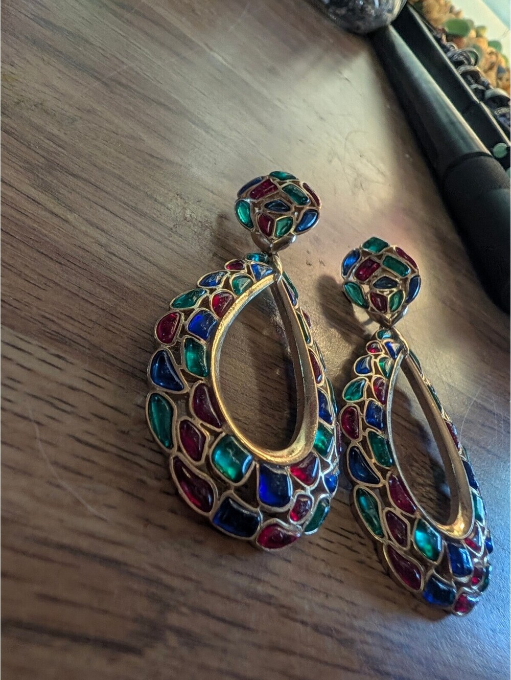 Trifari Colorful Teardrop Clip-On Earrings Multi-Colored Stained Glass Style - Picture 2 of 7